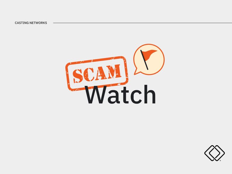 A grey folder with a stamp showing the words "Scam Watch" with a speech bubble inside an orange flag.