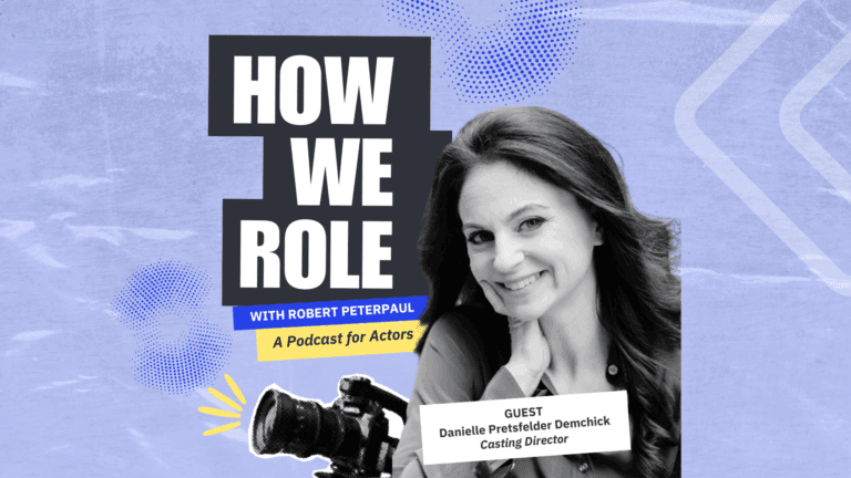 Collage of Casting Director Danielle Pretsfelder Demchick, a video camera and the How We Role podcast logo on a light blue backdrop.