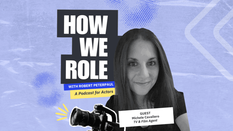 Collage of Talent Agent Michele Cavallero, a video camera and the "How We Role" podcast logo over a blue fingerprint looking folder.